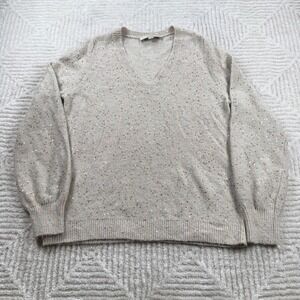 LOFT Sweater Small Sparkly V Neck Beige Sequin Metallic Knit Whimsical Artsy